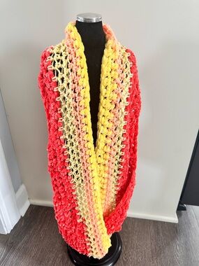 Handmade Chunky Crochet Infinity Scarf in Coral and Yellow